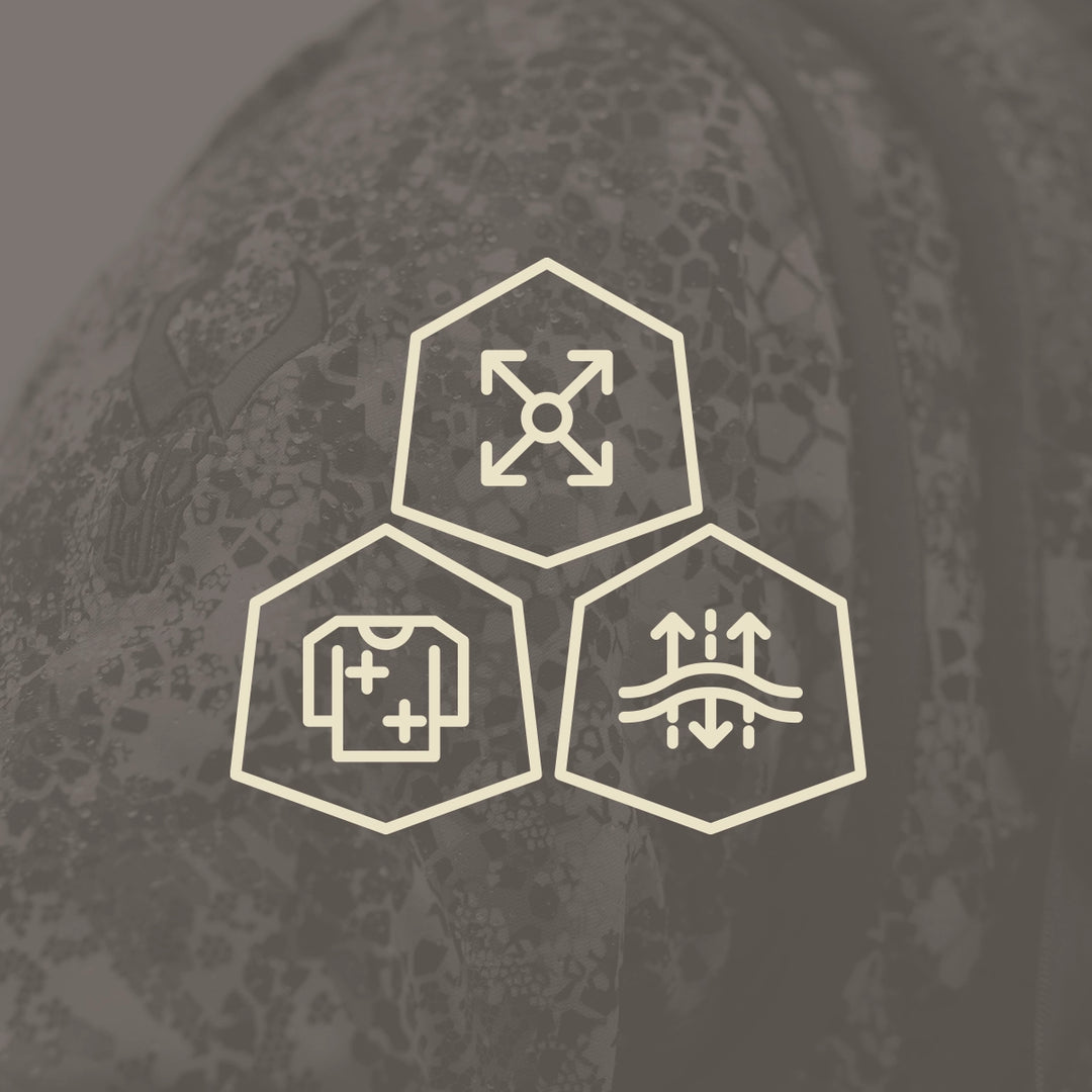 Badlands logo on camo fabric with icons for stretch, durability, and breathability; ideal for outdoor gear.