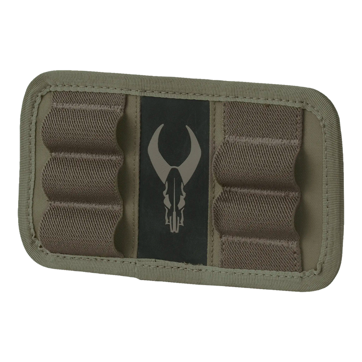 Badlands ammo holder with logo; tan fabric, elastic loops for cartridges, ADA-friendly design for easy access.