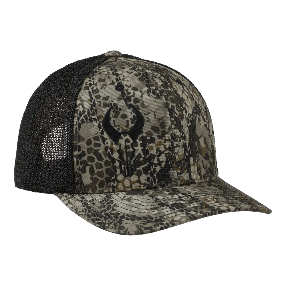 Camo mesh trucker hat with Badlands skull logo on front, curved bill, and adjustable back.