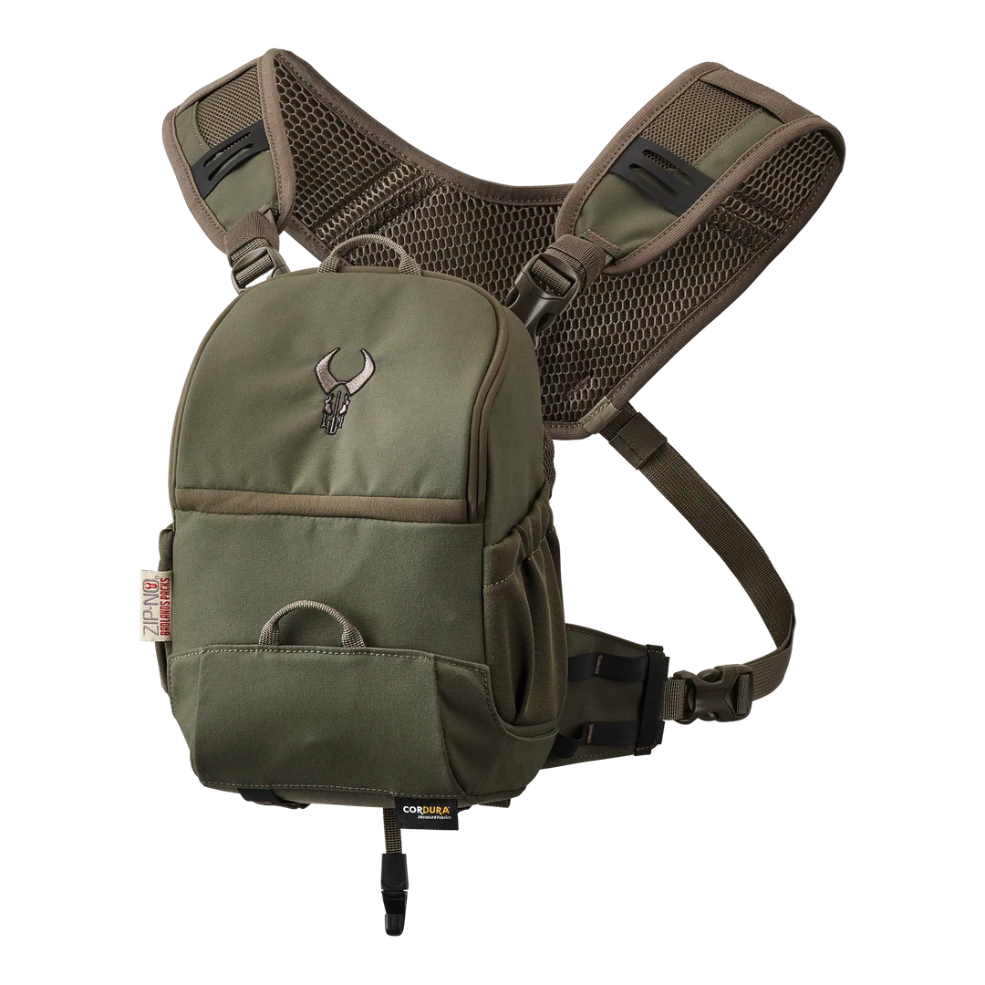 Olive Badlands chest pack with mesh straps and skull logo, designed for outdoor gear storage and easy access.