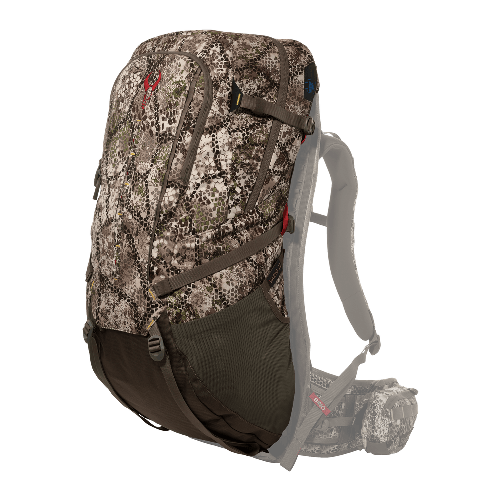 Badlands camo hunting backpack with padded straps and red skull logo, shown on a white background.