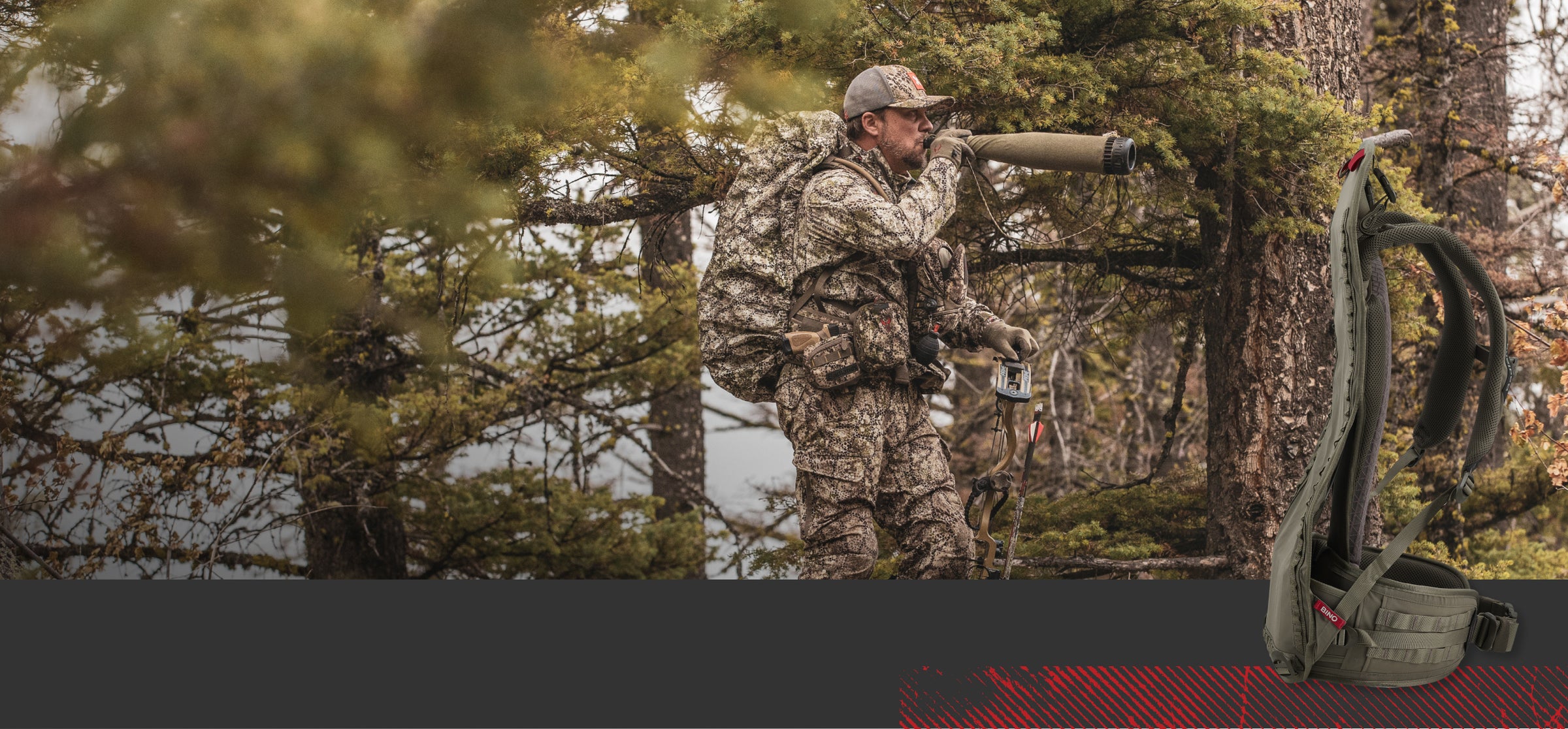 Hunter in Badlands camo gear scans forest with a spotting scope; Badlands logo skull on cap and bino harness shown.
