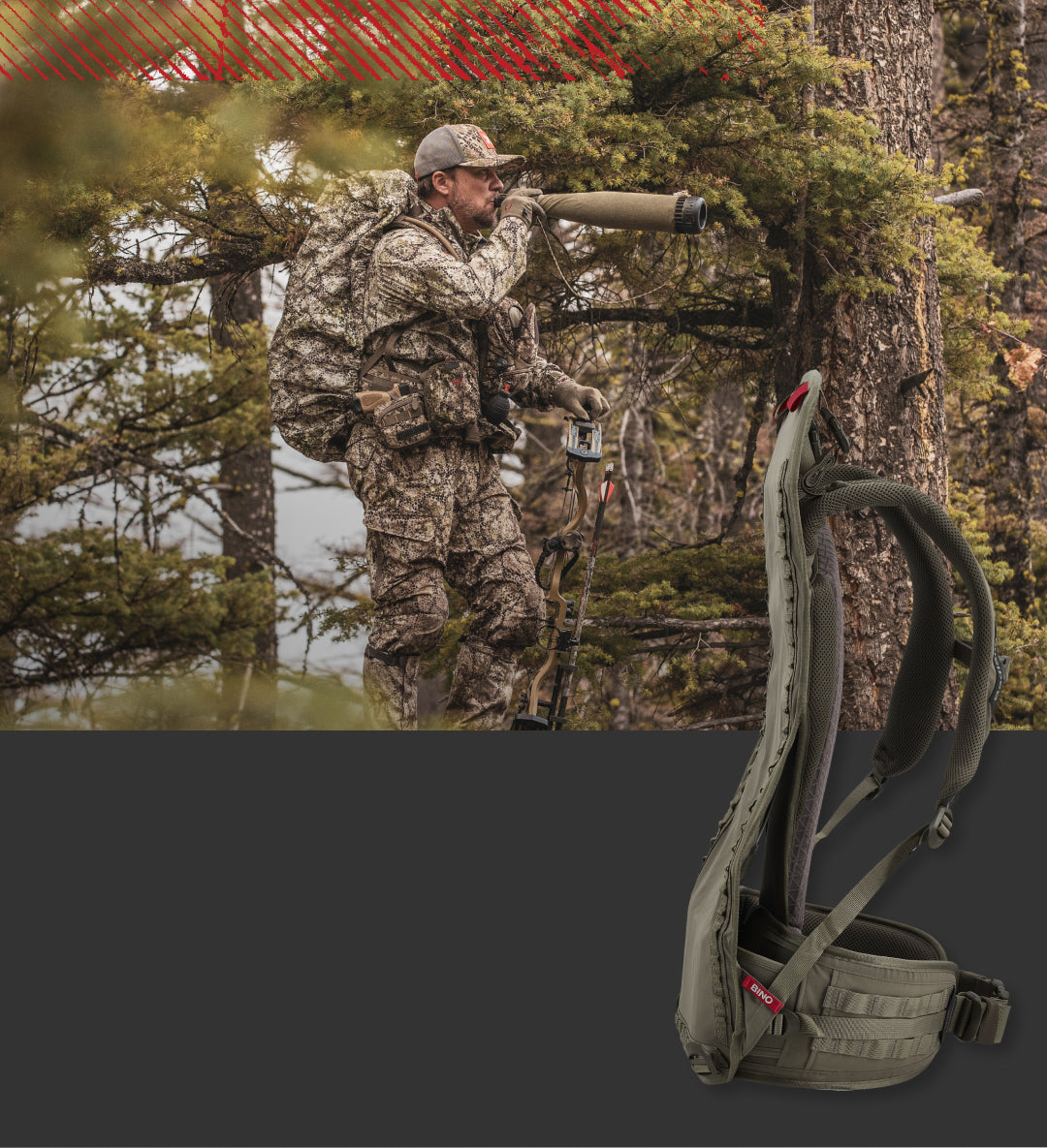 Hunter in camo gear uses binoculars in a forest; Badlands logo and hunting backpack harness shown for outdoor gear context.
