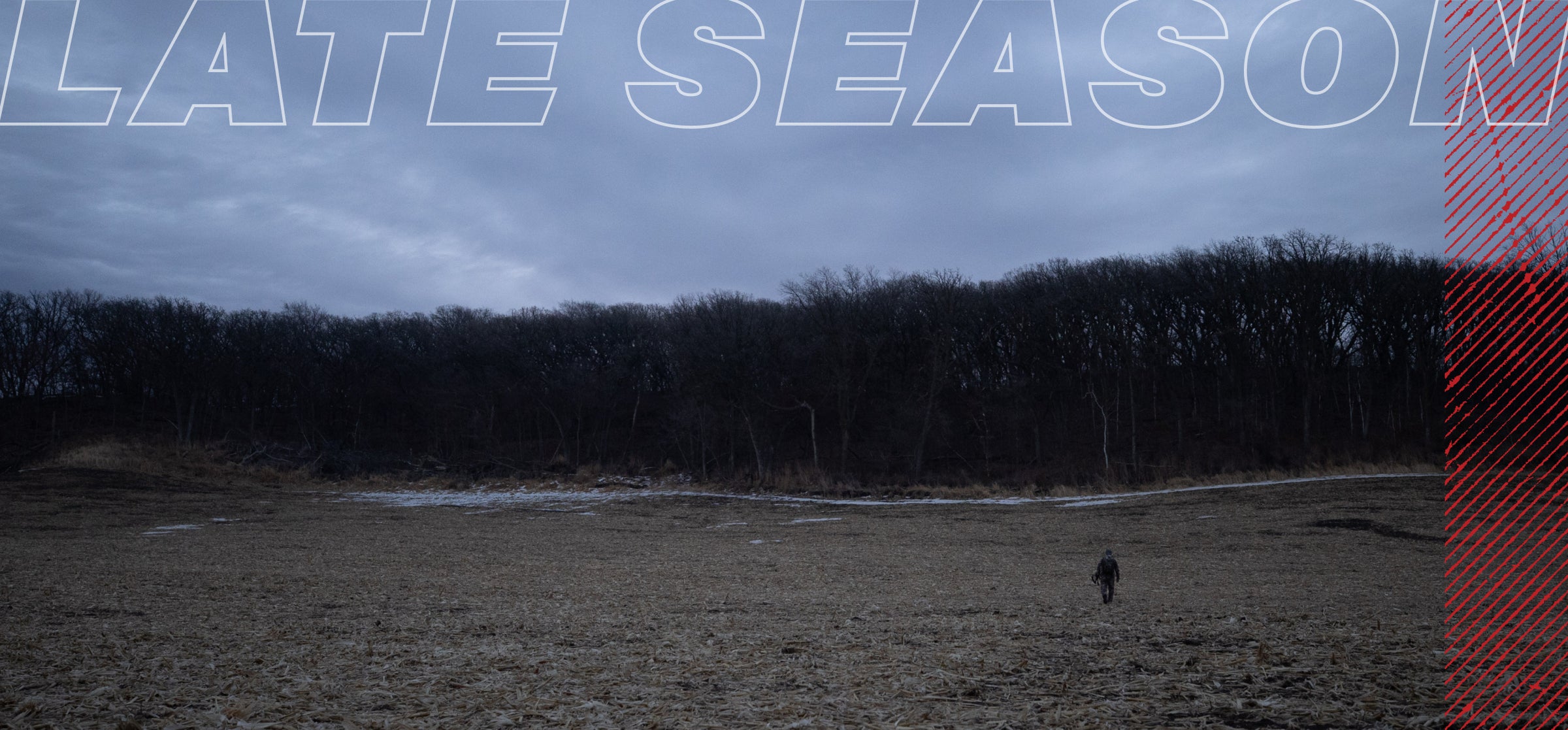 Hunter walks across a harvested field at dusk; "Late Season" text and Badlands skull logo overlay the image.