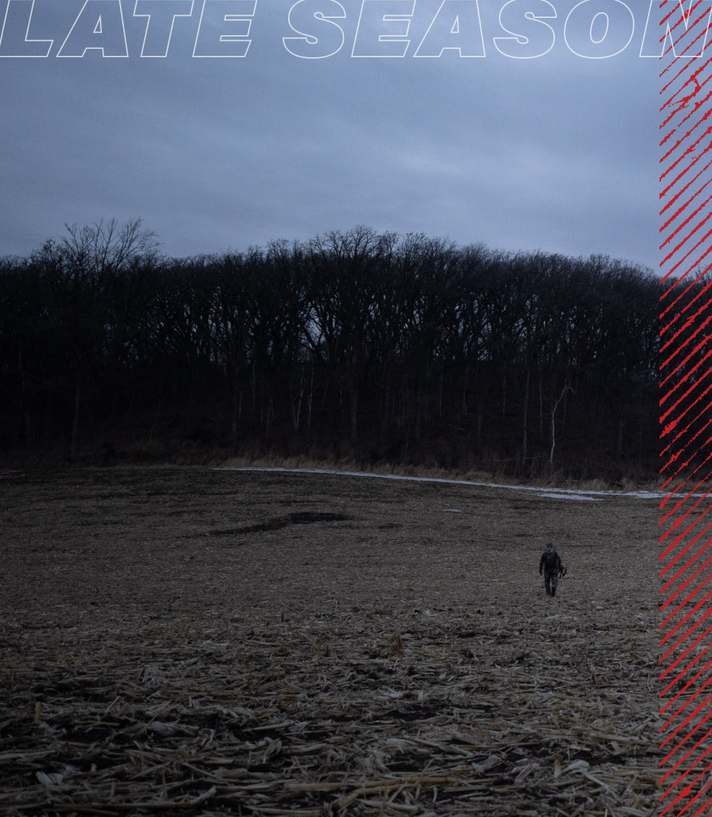 Hunter walks across a harvested field at dusk; Badlands skull logo and "Late Season" text overlay.