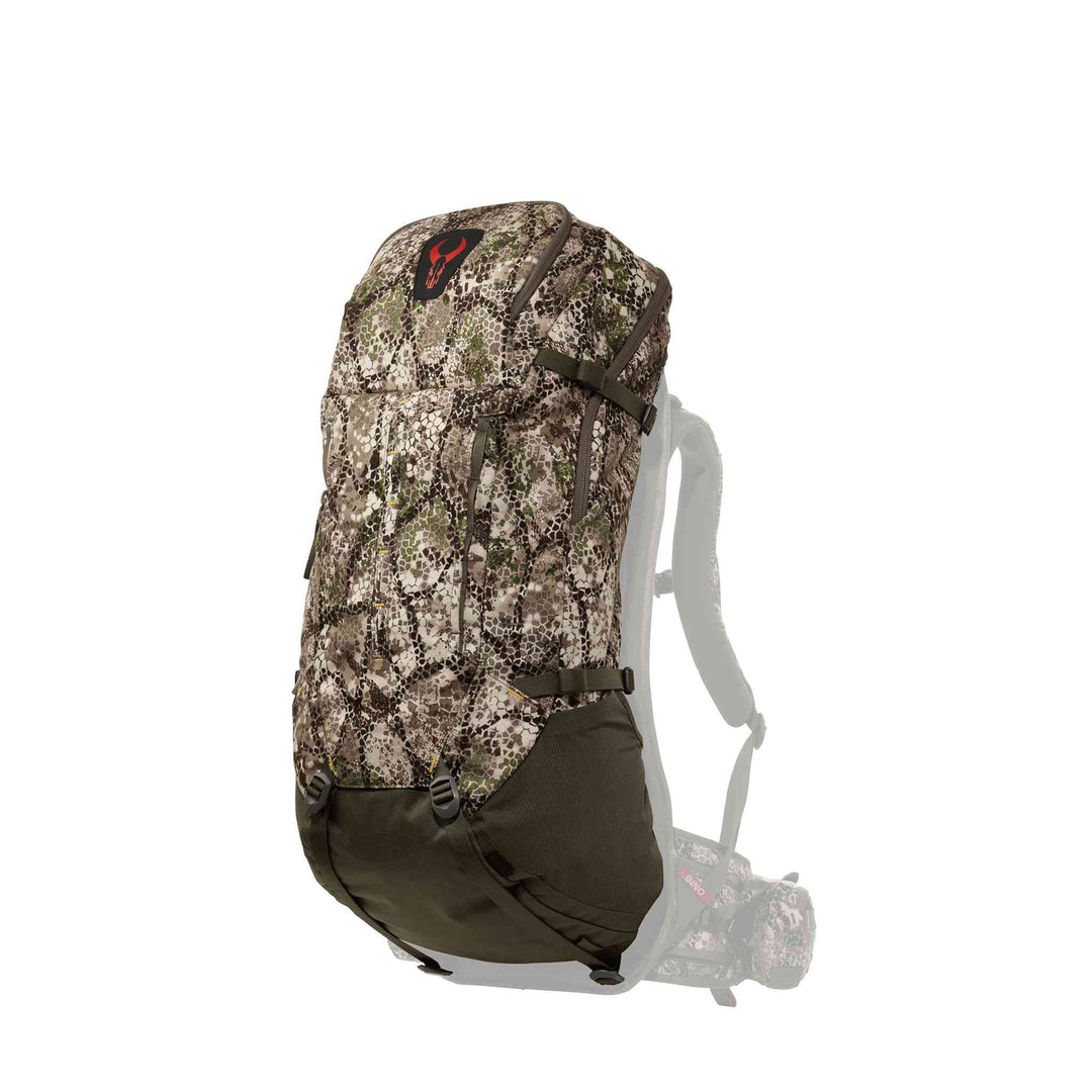 Badlands camo hunting backpack with skull logo, large main compartment, adjustable straps, and ergonomic design.
