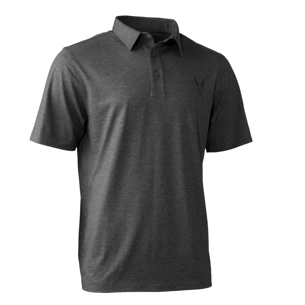 Dark gray Badlands polo shirt with short sleeves and subtle skull logo on left chest.