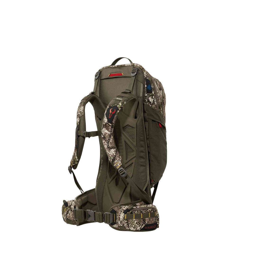Badlands Vario hunting backpack in camo, featuring ergonomic straps and the Badlands skull logo on the shoulder.
