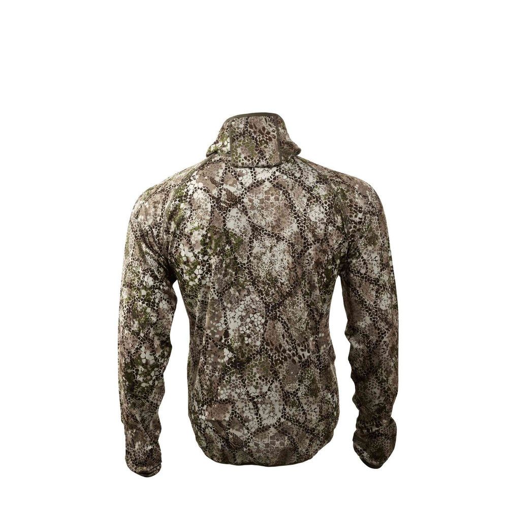 Back view of a Badlands camo jacket with subtle earth-tone pattern; Badlands skull logo on collar.