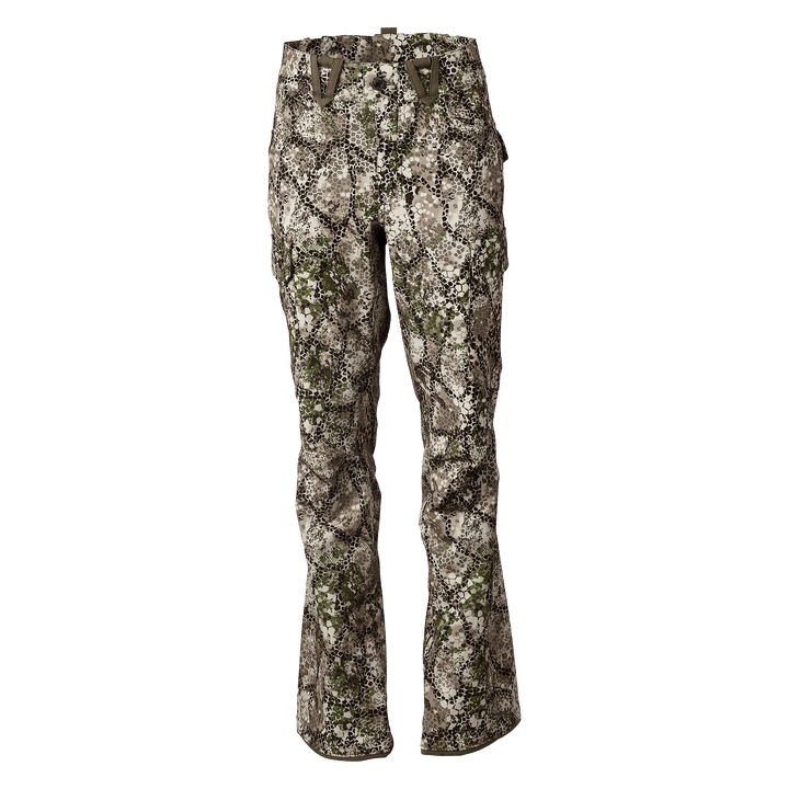 Badlands camo hunting pants with belt loops and Badlands skull logo, shown in Approach camo pattern, front view.