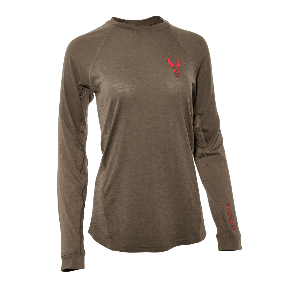 Brown long-sleeve shirt with red Badlands skull logo on chest and "Badlands" text on sleeve.