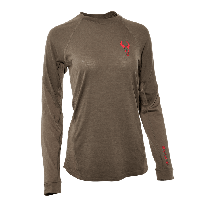 Brown long-sleeve shirt with red Badlands skull logo on chest and "Badlands" text on sleeve.
