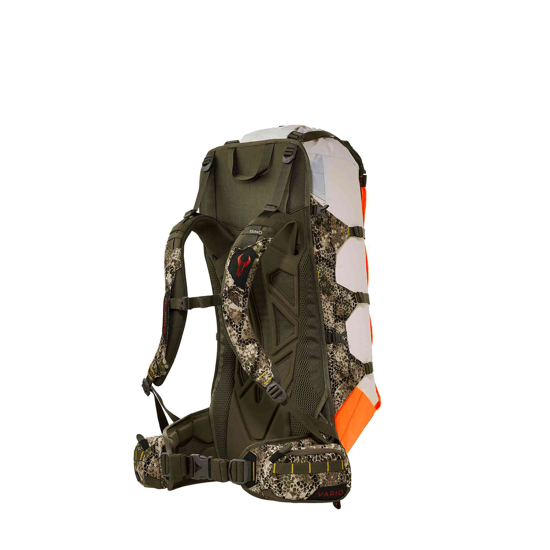 Badlands camo hunting pack with orange accents and skull logo on strap; ergonomic frame and padded hip belt.