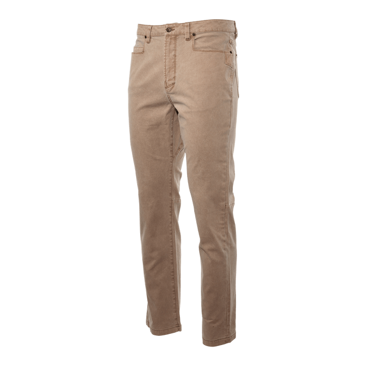 Tan Badlands pants with five pockets and subtle Badlands skull logo, shown on white background.