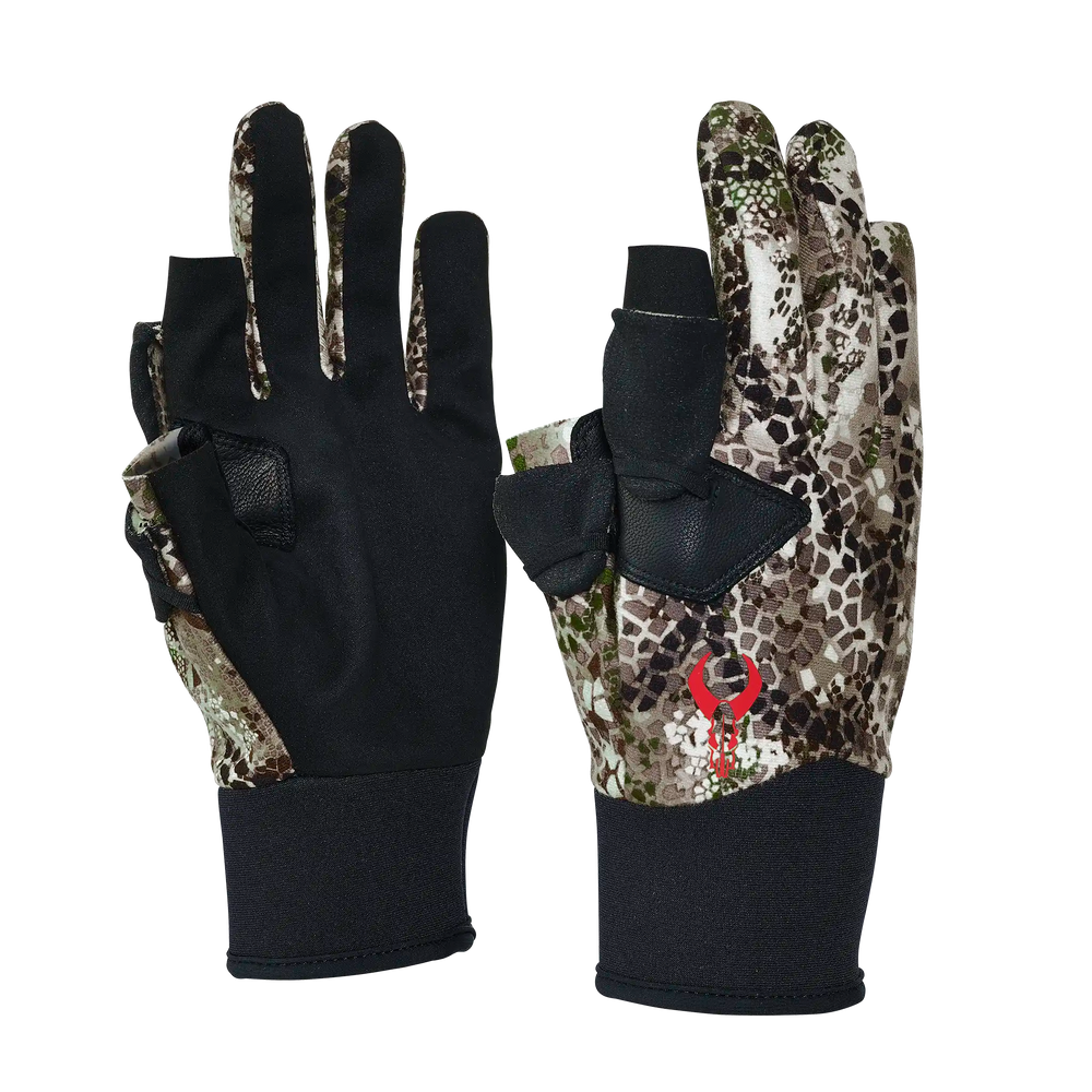 Badlands camo gloves with black palms and red skull logo, designed for outdoor use; index finger folds back.