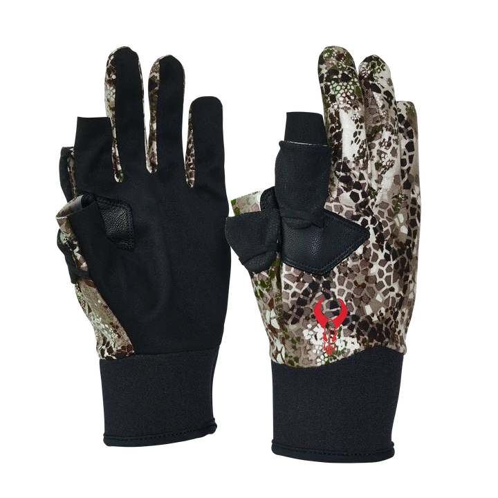 Badlands camo gloves with black palms and red skull logo, designed for outdoor use; index finger folds back.