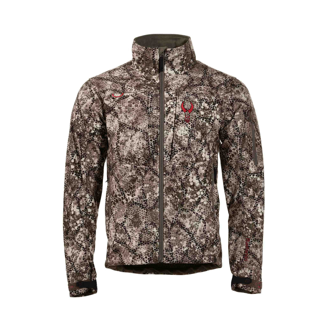 Badlands camo jacket with front zipper and red Badlands skull logo on chest, designed for outdoor and hunting use.