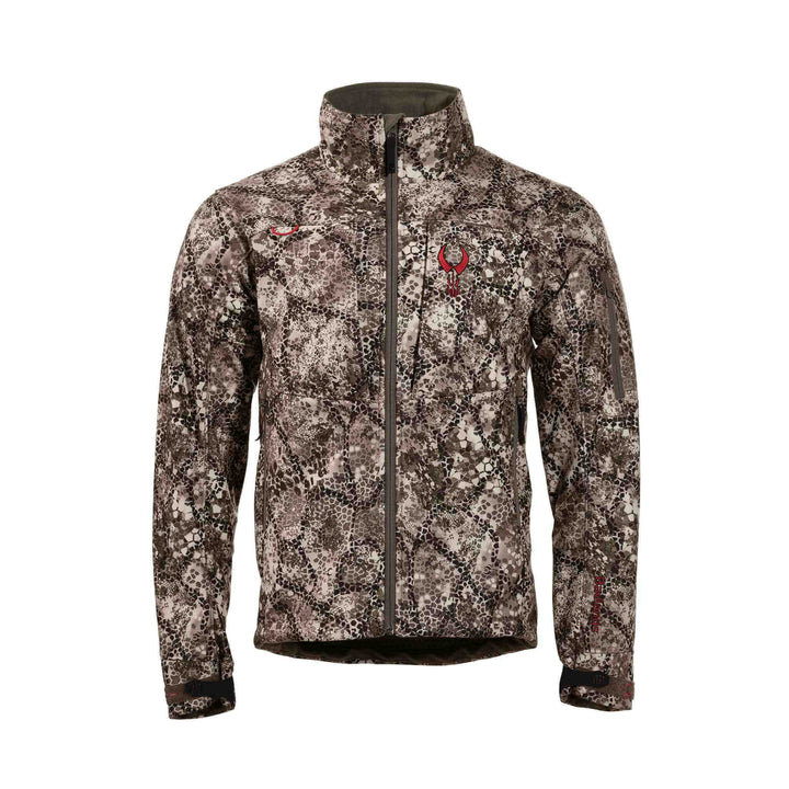 Badlands camo jacket with front zipper and red Badlands skull logo on chest, designed for outdoor and hunting use.