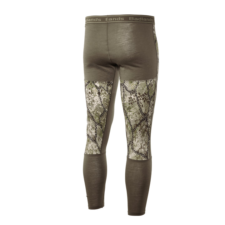 Badlands men's base layer pants, camo and olive, elastic waistband with Badlands logo.