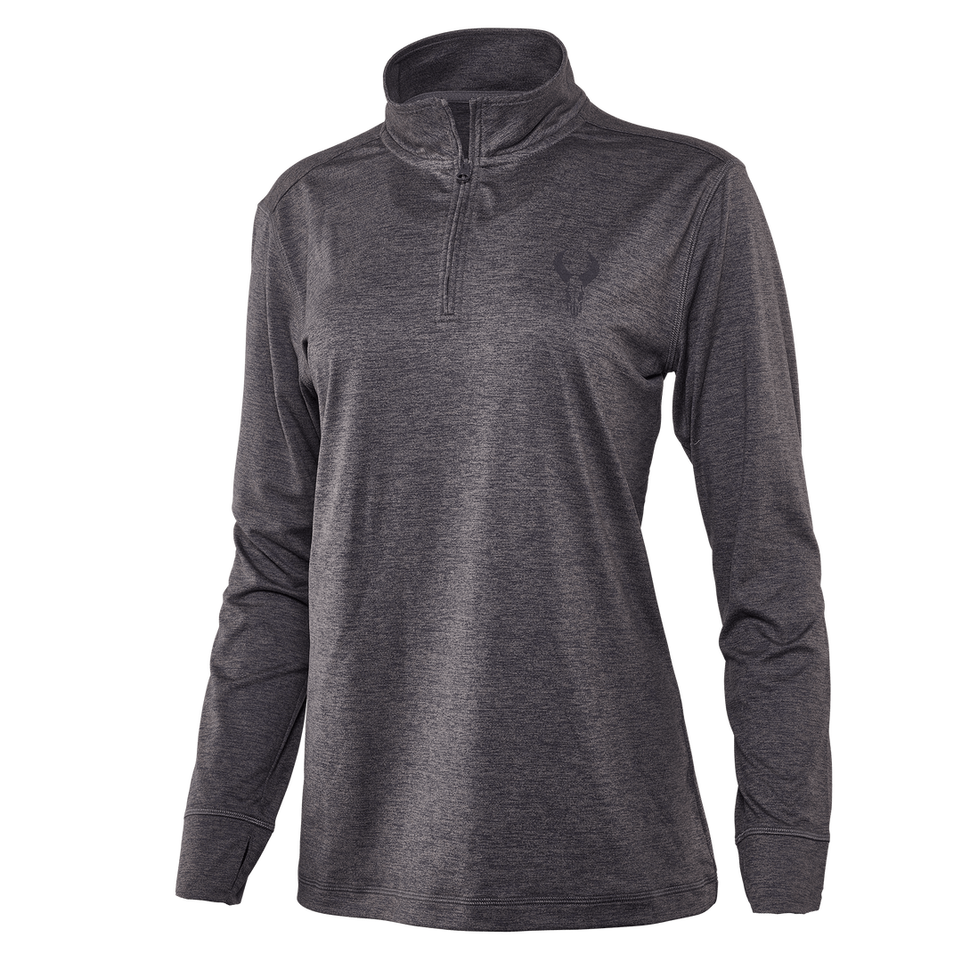 Dark gray Badlands women's quarter-zip pullover with subtle skull logo on chest, long sleeves, and stand collar.