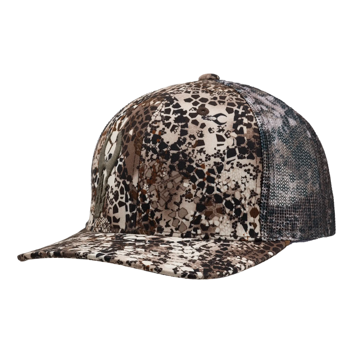 Badlands camo mesh-back cap with subtle skull logo, curved bill, and adjustable fit for outdoor use.