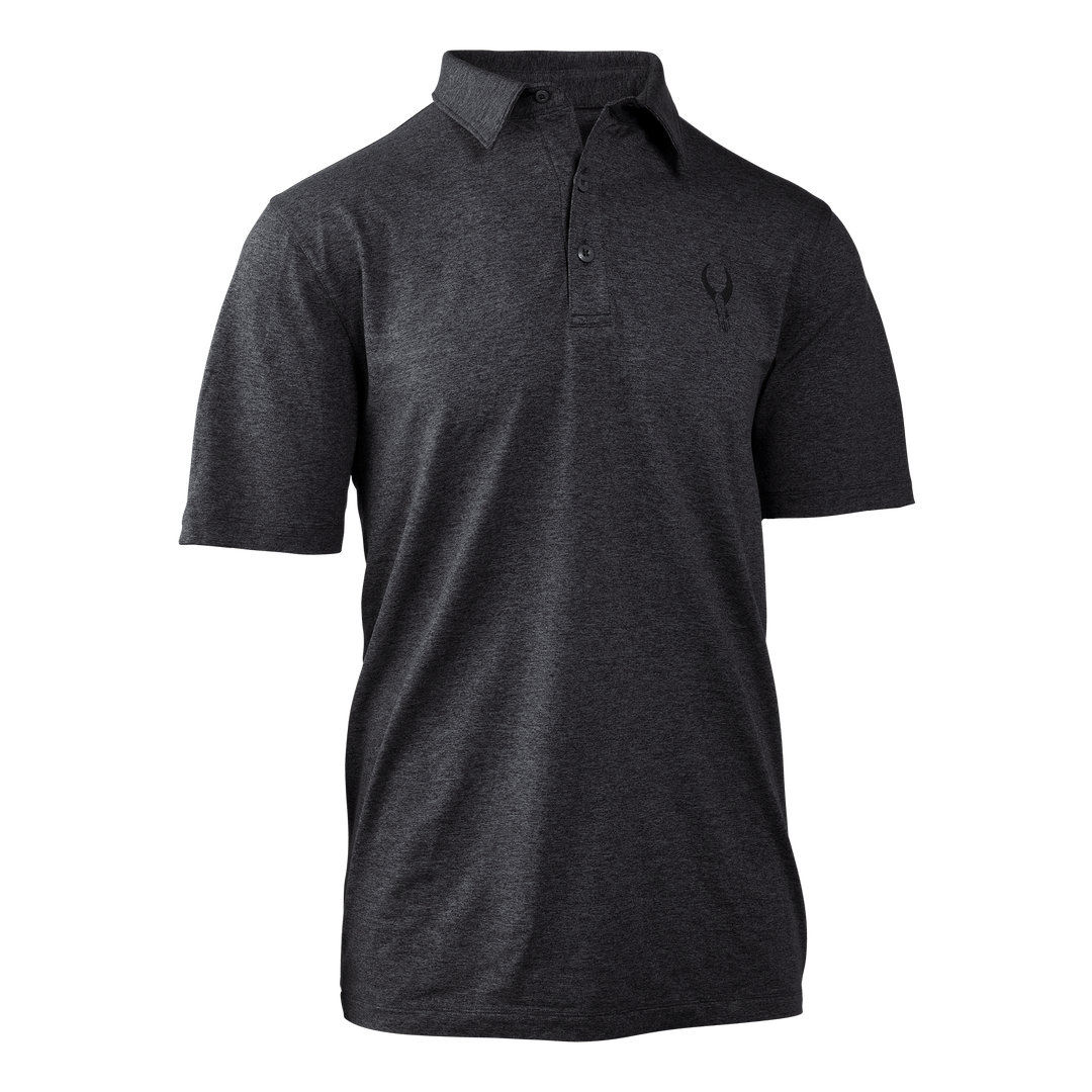 Dark gray Badlands polo shirt with short sleeves and subtle skull logo on left chest.
