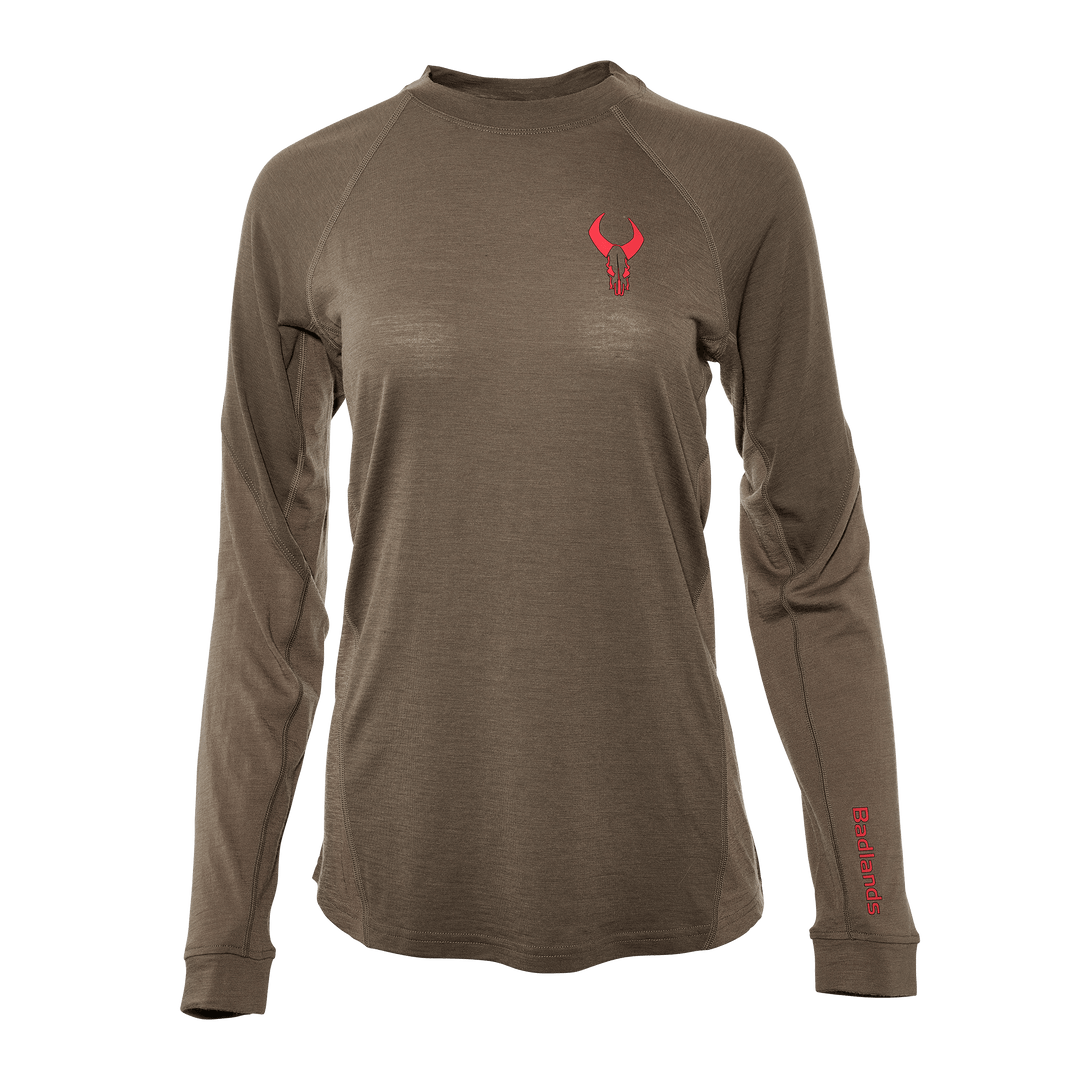Brown long-sleeve shirt with red Badlands skull logo on chest and "Badlands" text on left sleeve.