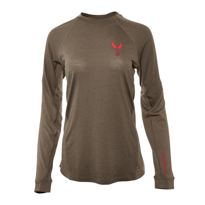 Brown long-sleeve shirt with red Badlands skull logo on chest and "Badlands" text on left sleeve.