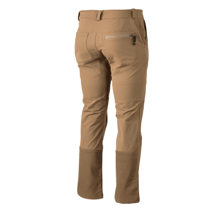 Tan Badlands pants, rear view, with zippered back pocket and reinforced cuffs. Badlands skull logo not visible.