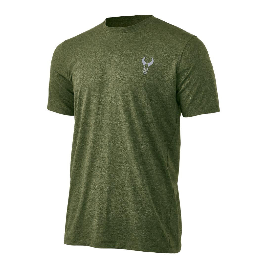 Olive green Badlands t-shirt with short sleeves and a small Badlands skull logo on the left chest.
