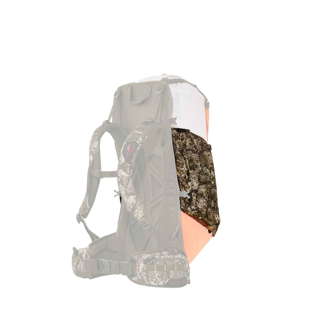 Badlands hunting pack with camo pattern, orange accents, and visible Badlands skull logo on the shoulder strap.