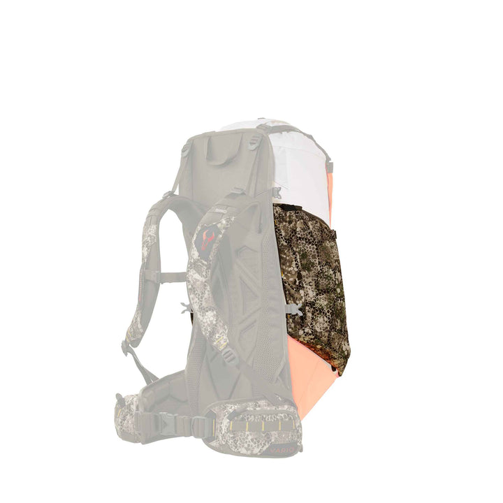 Badlands hunting pack with camo pattern, orange accents, and visible Badlands skull logo on the shoulder strap.