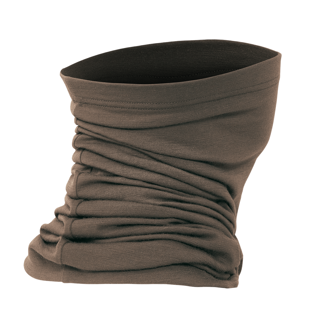 Brown Badlands neck gaiter with a subtle skull logo, designed for outdoor protection and comfort.