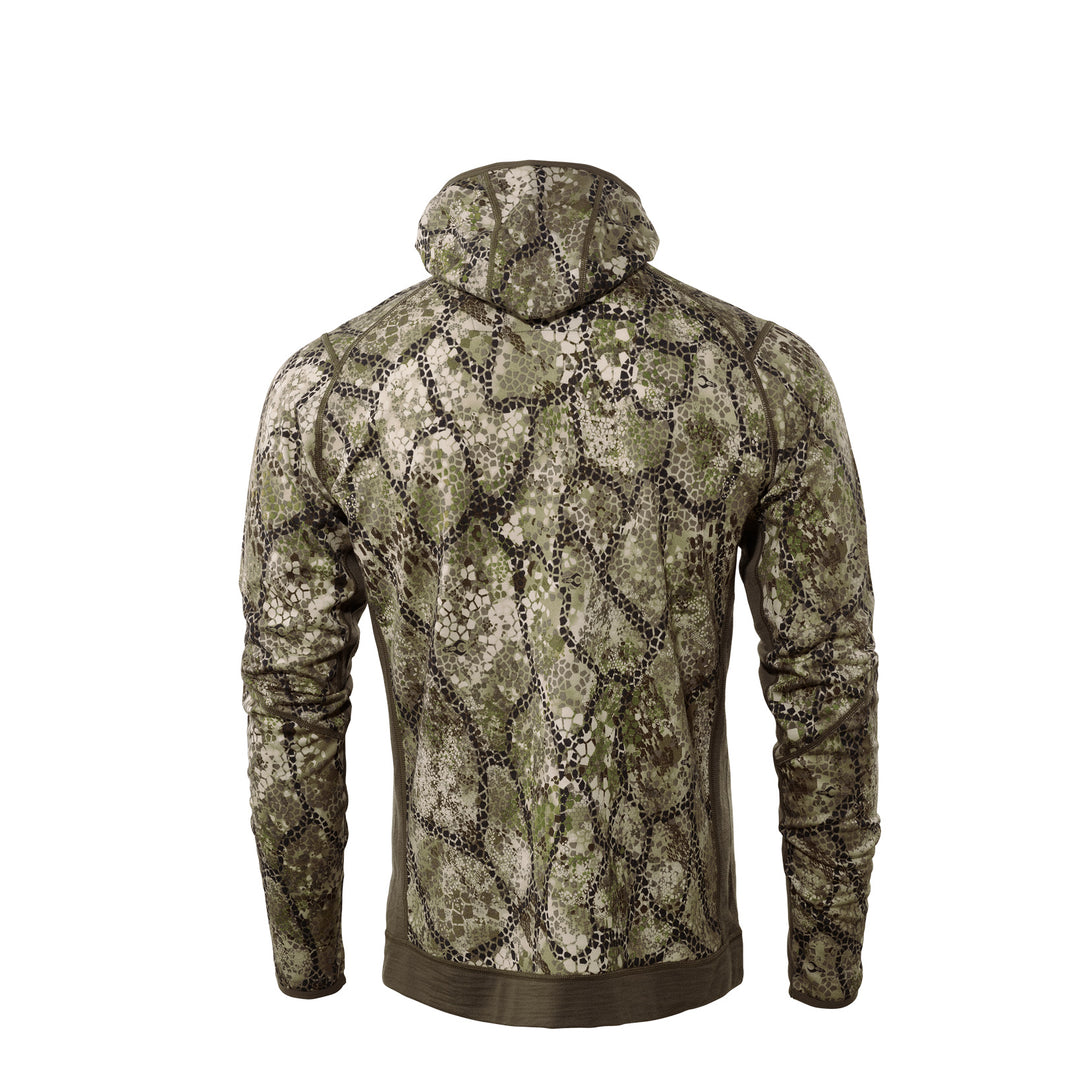 Back view of Badlands camo hoodie; features green and brown pattern, hood, and subtle skull logo.