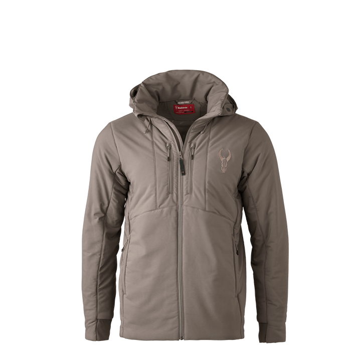 Tan Badlands jacket with hood, front zippers, and Badlands skull logo on left chest.