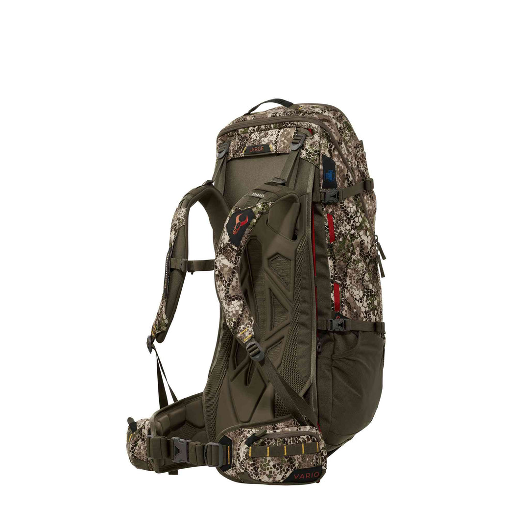 Badlands camo hunting backpack with padded straps, Vario logo, and skull emblem on shoulder for brand identification.
