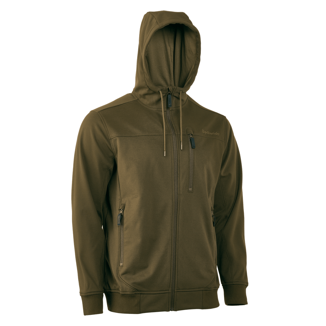 Olive Badlands hoodie with front zipper, three zippered pockets, and subtle skull logo on chest.