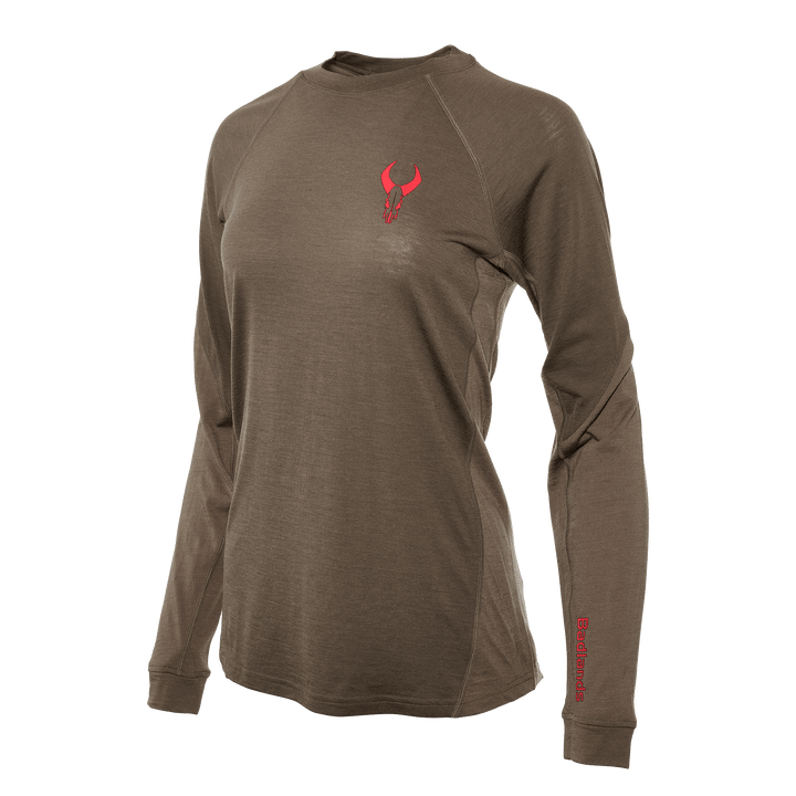 Brown long-sleeve shirt with red Badlands skull logo on chest and "Badlands" text on sleeve.