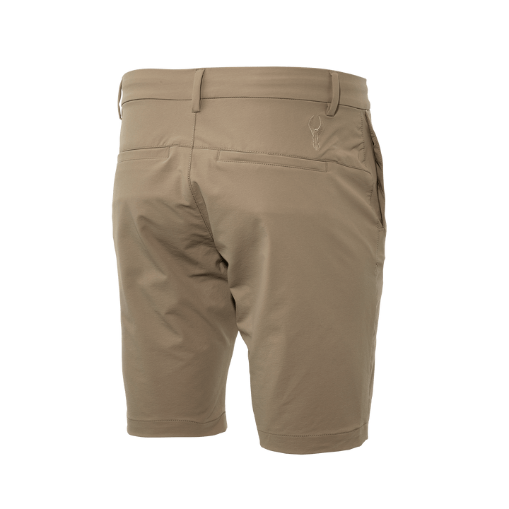 Tan Badlands shorts, rear view, with belt loops, back pockets, and embroidered Badlands skull logo on the right side.