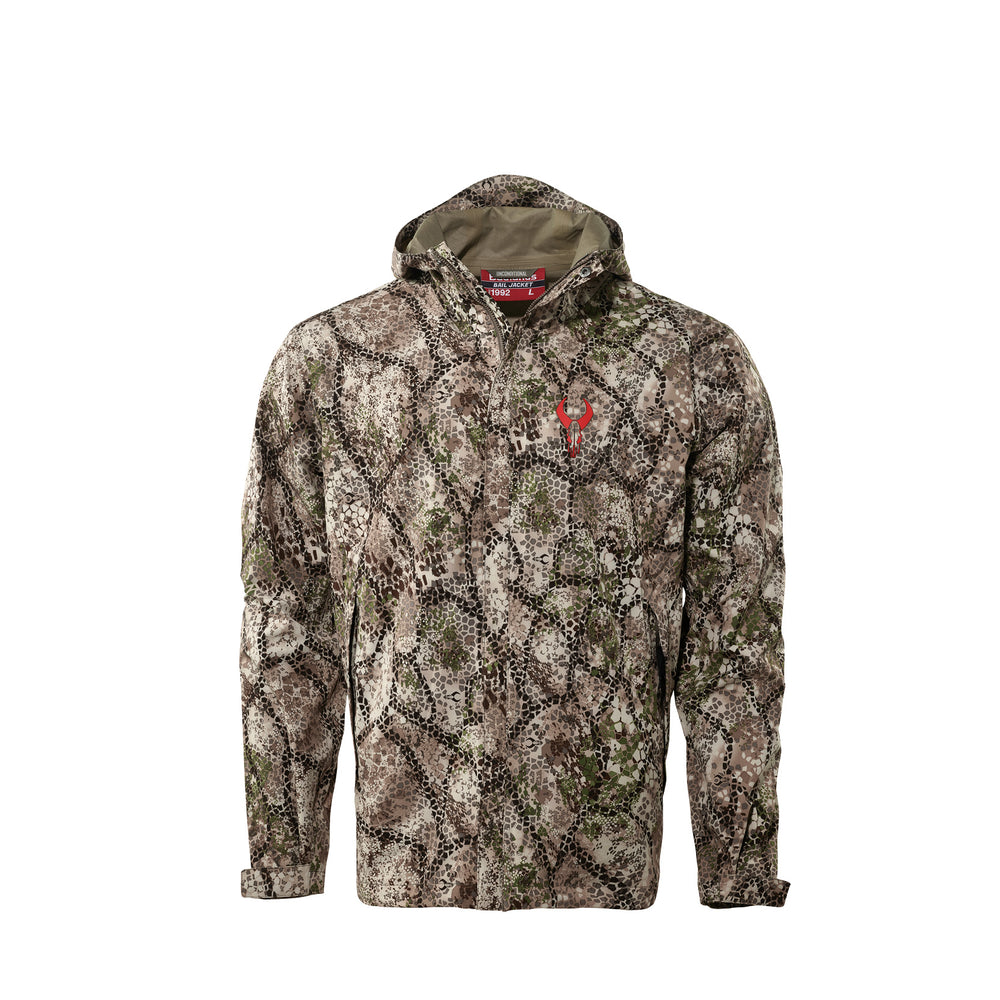 Badlands camo jacket with hood, featuring a red Badlands skull logo on the chest.