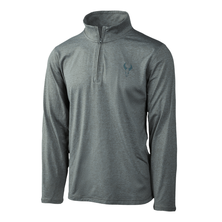 Gray long-sleeve Badlands pullover with quarter-zip and skull logo on left chest. Simple, accessible outdoor apparel.