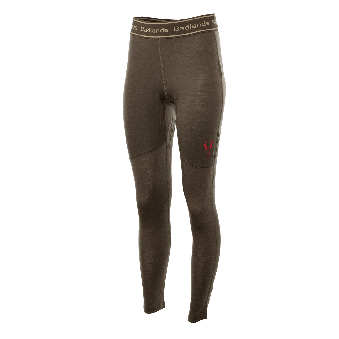 Brown Badlands base layer leggings with red skull logo and branded waistband, shown on a plain white background.