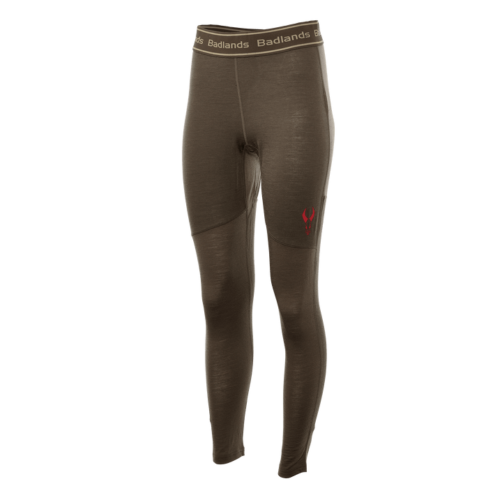 Brown Badlands base layer leggings with red skull logo and branded waistband, shown on a plain white background.
