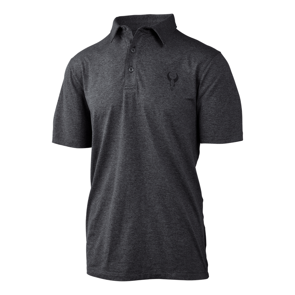 Dark gray short-sleeve polo with Badlands skull logo on left chest; three-button placket, classic fit.