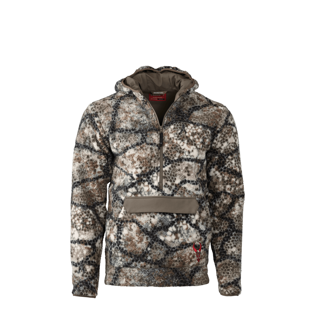 Badlands camo fleece hoodie with front pocket and red skull logo, designed for outdoor and hunting use.