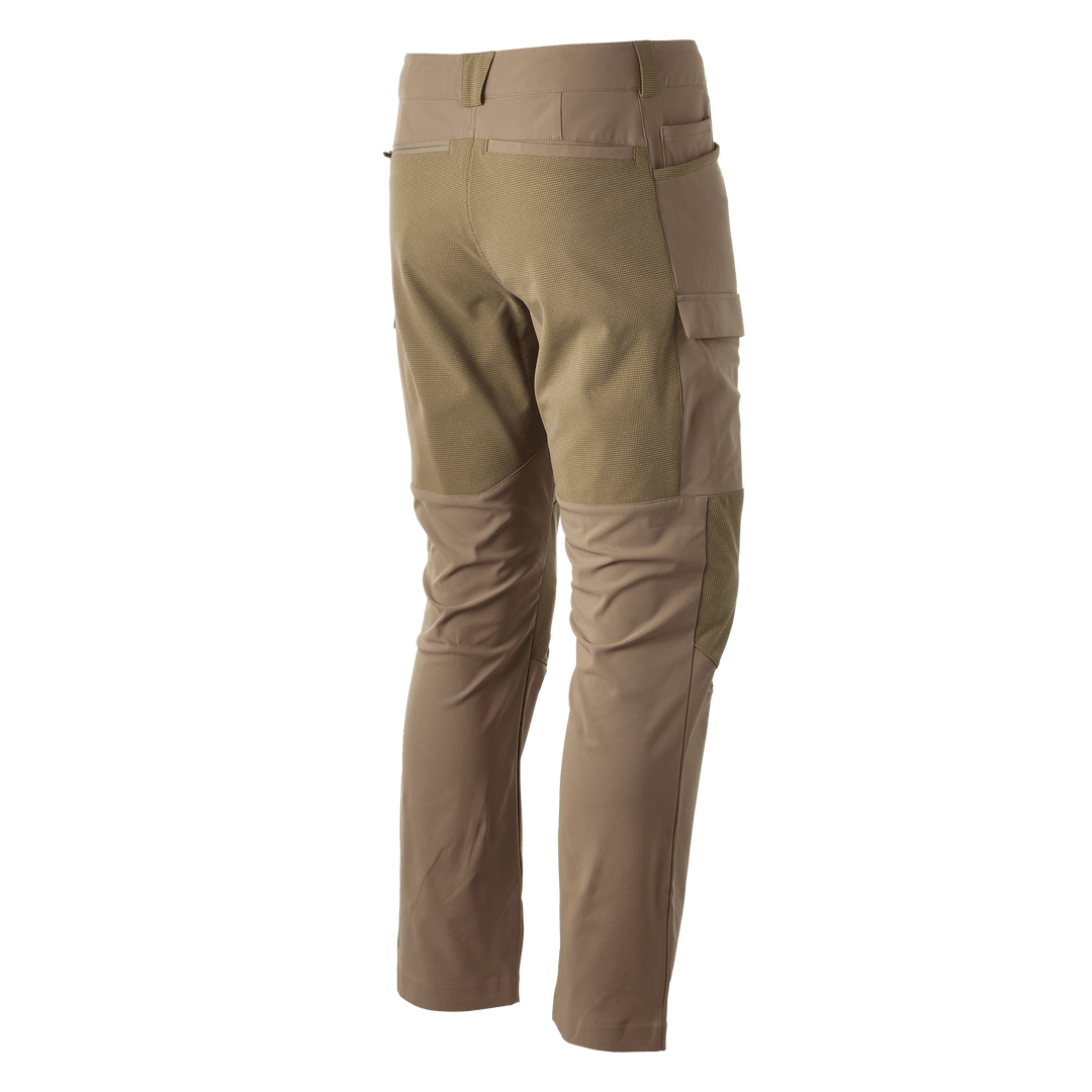 Tan Badlands hunting pants, rear view, with reinforced seat and knees; no visible Badlands skull logo.
