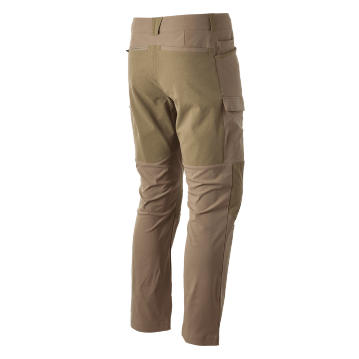 Tan Badlands hunting pants, rear view, with reinforced seat and knees; no visible Badlands skull logo.