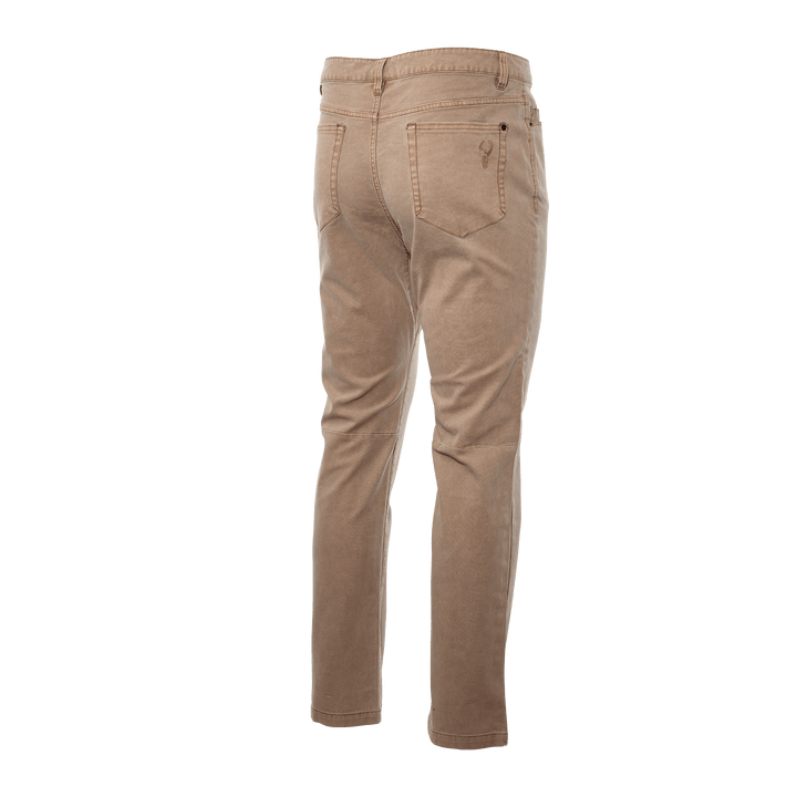 Tan Badlands pants, rear view, with Badlands skull logo on the right pocket.