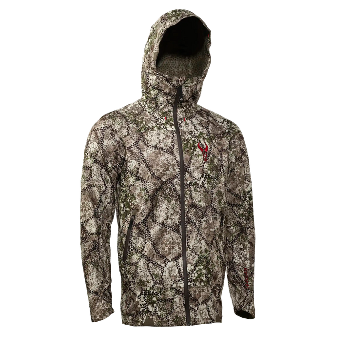 Camo Badlands jacket with hood, front zipper, and red Badlands skull logo on chest.