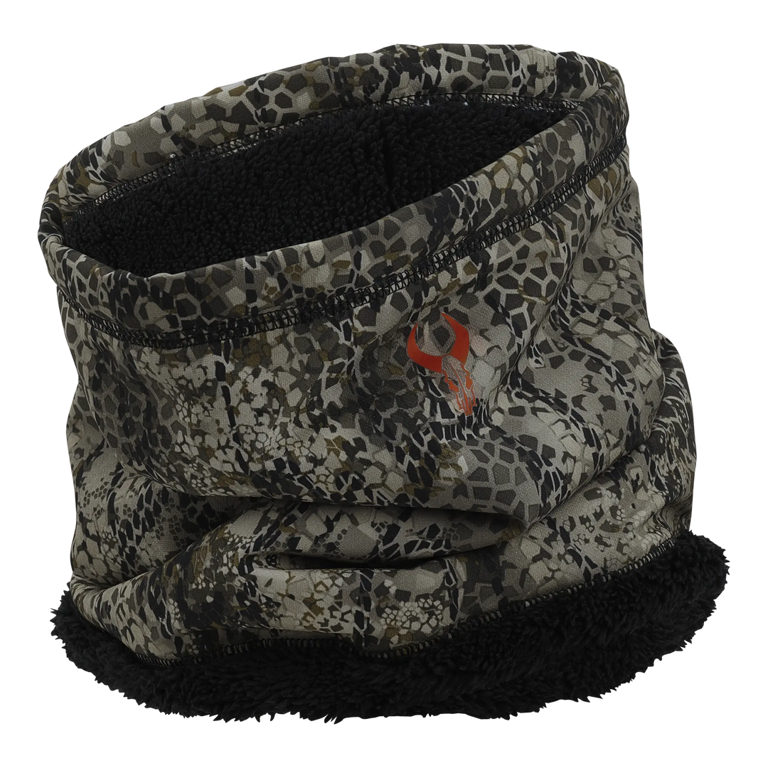 Camo fleece neck gaiter with Badlands skull logo, designed for warmth and concealment in outdoor environments.